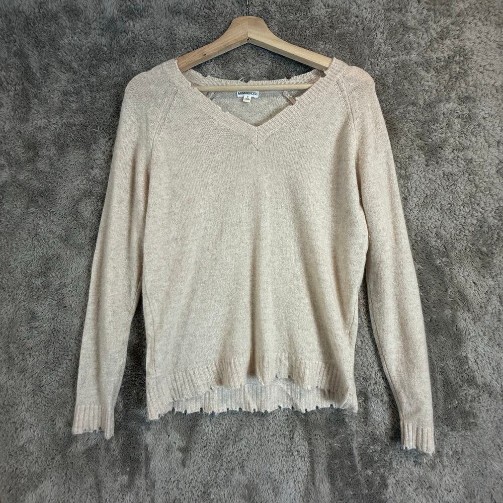 Minnie Rose MinnieRose Distressed V Neck Cashmere Sweater Women's S Small